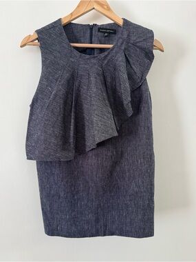 Banana Republic Linen Blend Ruffle Sleeve Sheath Dress Womens 12 Blue Textured